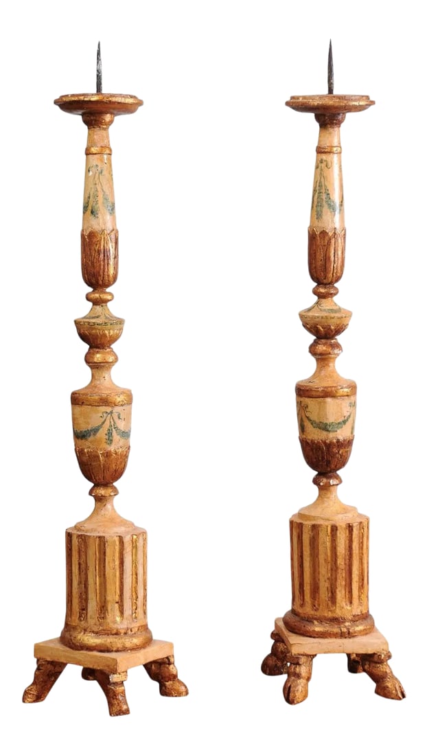 18th Century Neoclassical Painted & Gilded Candlesticks with Hoof Feet - a Pair (1 of 12)