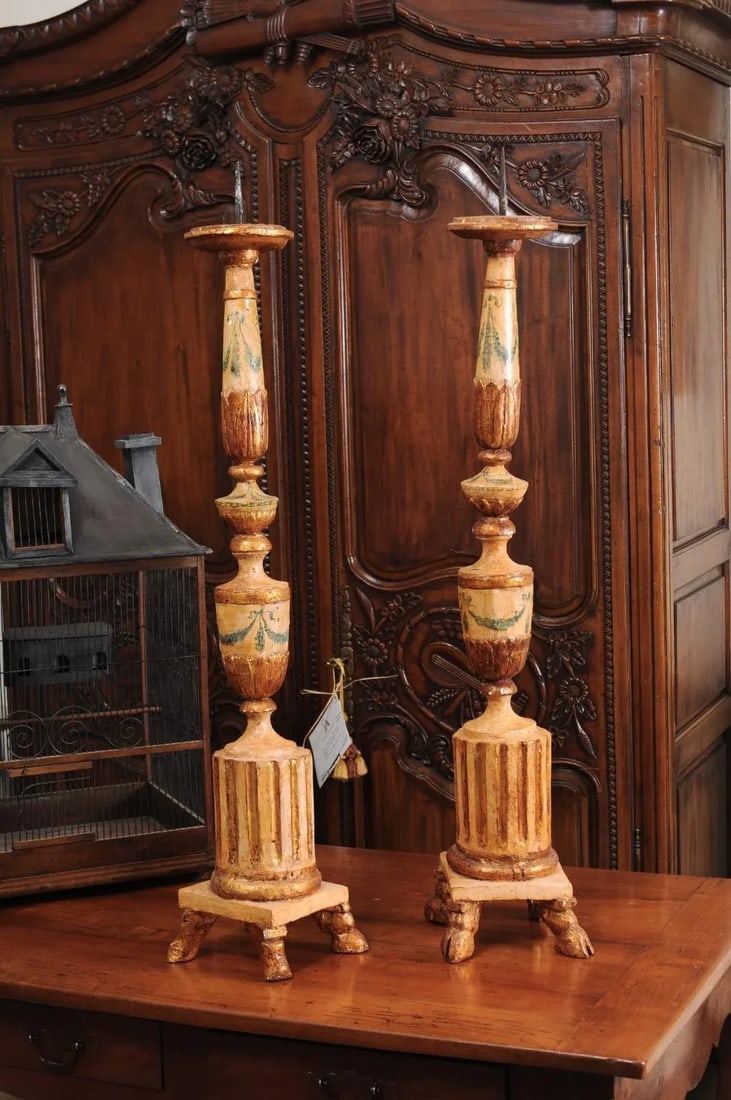 18th Century Neoclassical Painted & Gilded Candlesticks with Hoof Feet - a Pair - 2