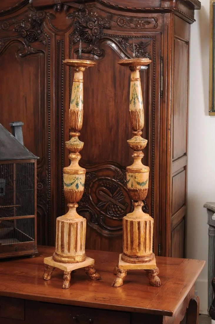 18th Century Neoclassical Painted & Gilded Candlesticks with Hoof Feet - a Pair - 3