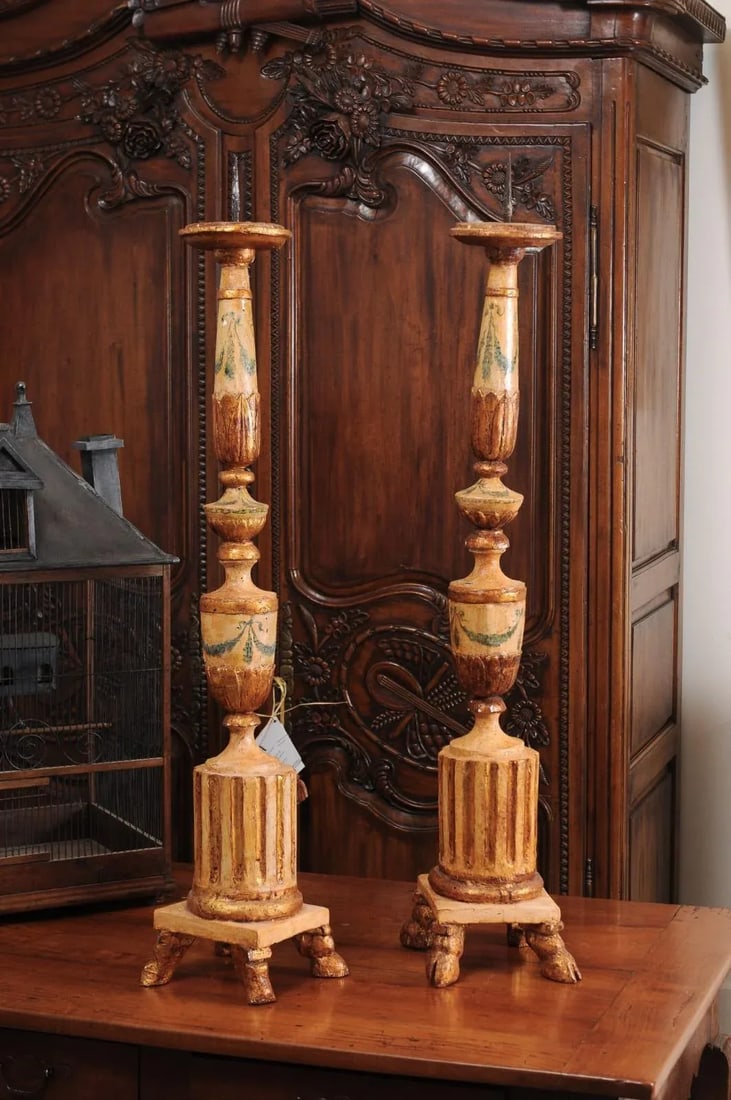 18th Century Neoclassical Painted & Gilded Candlesticks with Hoof Feet - a Pair - 4