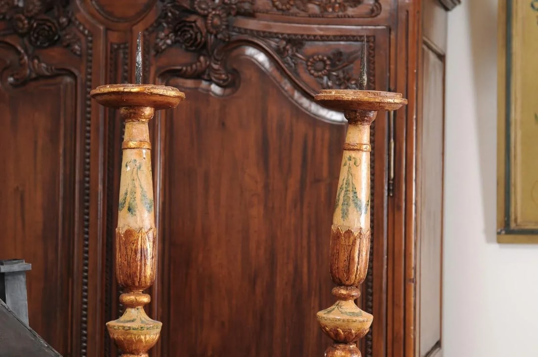 18th Century Neoclassical Painted & Gilded Candlesticks with Hoof Feet - a Pair - 5
