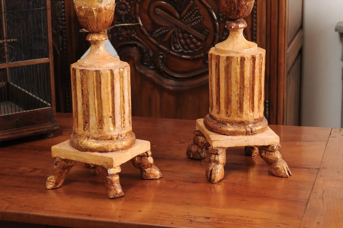 18th Century Neoclassical Painted & Gilded Candlesticks with Hoof Feet - a Pair - 7