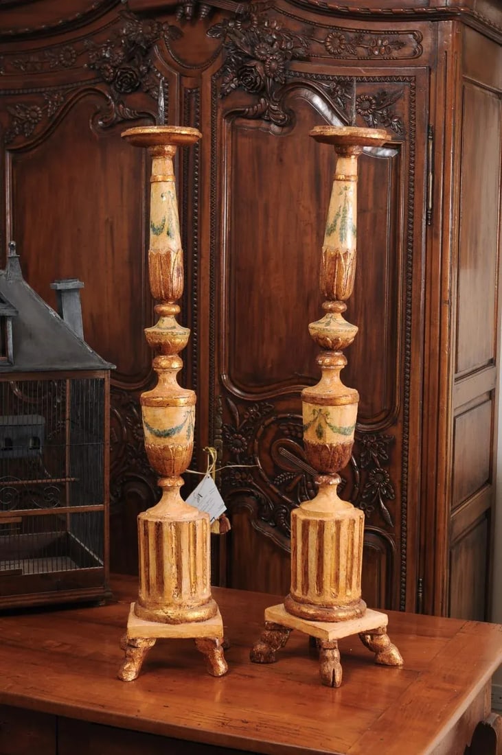 18th Century Neoclassical Painted & Gilded Candlesticks with Hoof Feet - a Pair - 8
