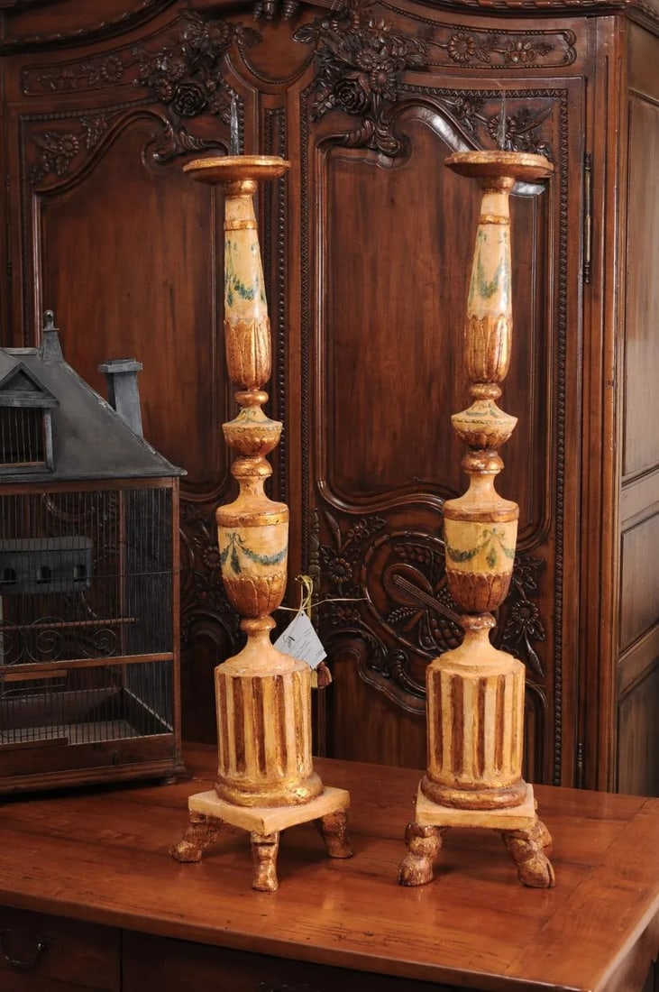18th Century Neoclassical Painted & Gilded Candlesticks with Hoof Feet - a Pair - 9