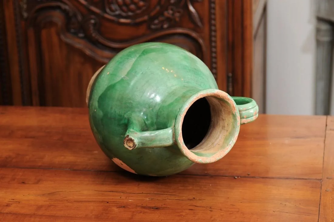 19th Century French Provincial Distressed Green Glazed Pottery Jug - 11