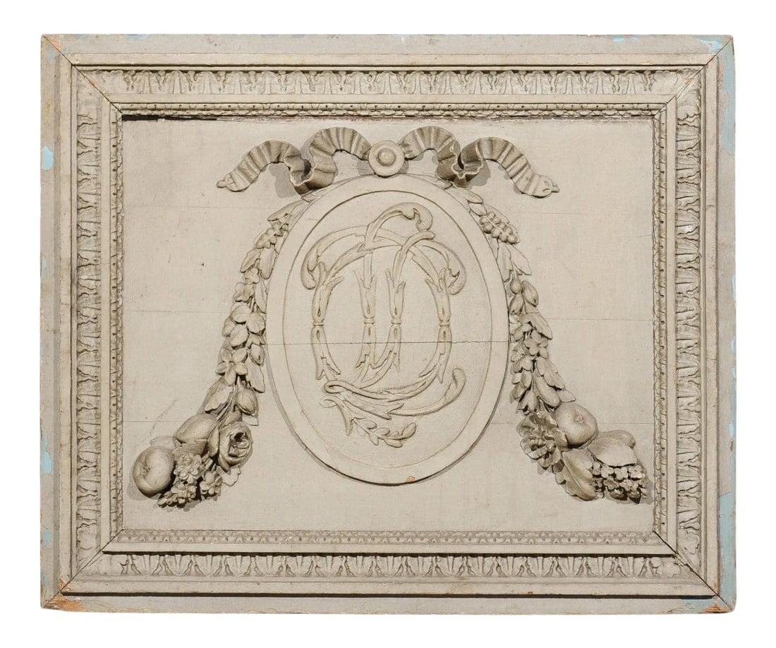 18th Century French Louis XVI Painted and Hand Carved Wooden Boiserie Panel: A French Louis XVI period painted and hand carved wooden boiseries panel from the late 18th century, with monogram, swag and fruit motifs. Born in France during the second half of the 18th century, th