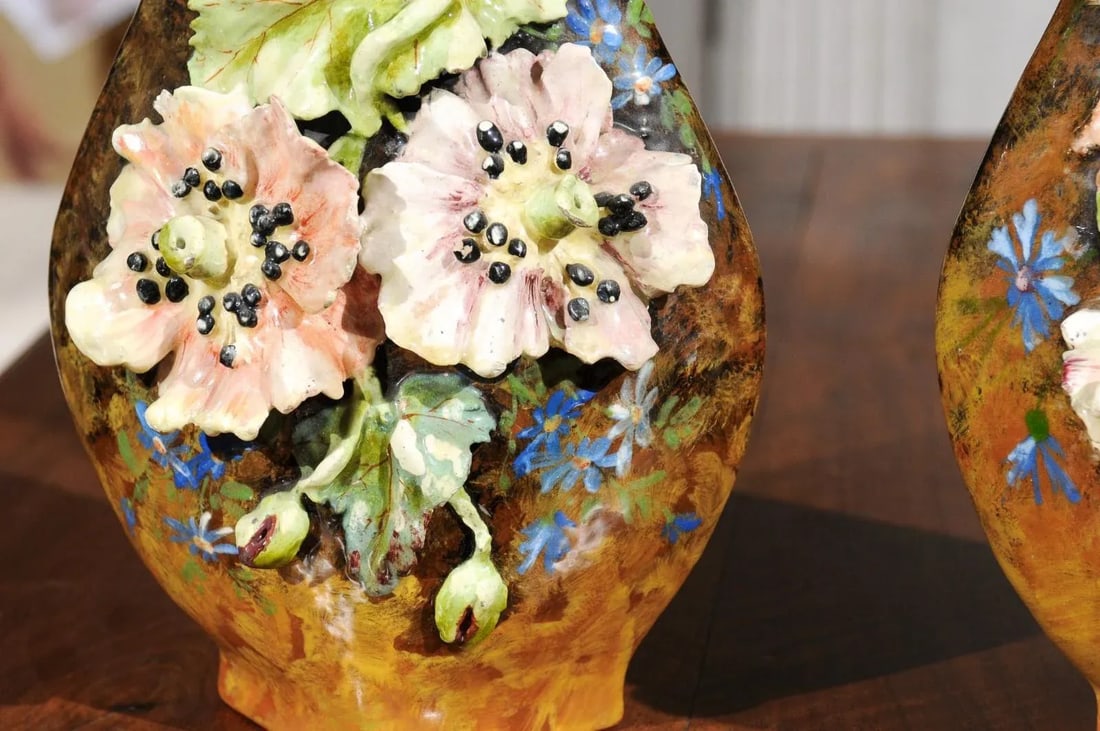 19th Century French Vases with Barbotine Décor of Flowers and Leaves - A Pair - 10