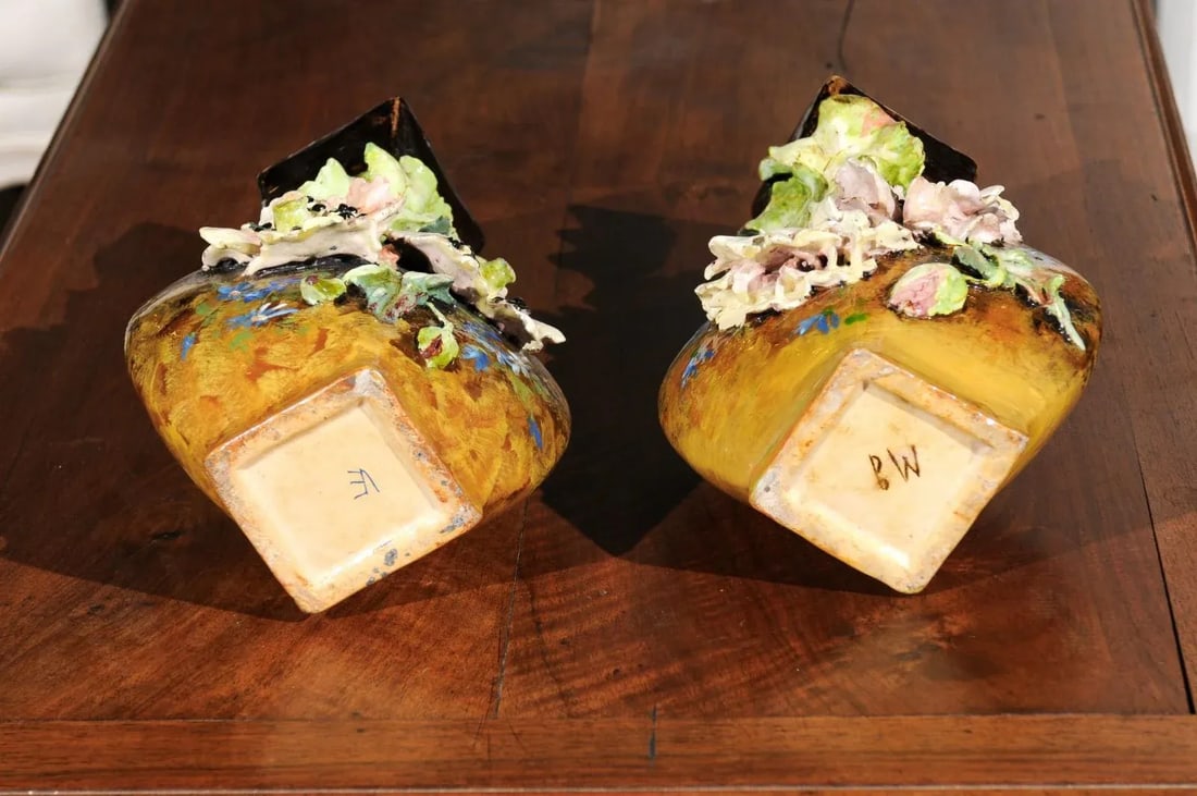 19th Century French Vases with Barbotine Décor of Flowers and Leaves - A Pair - 11
