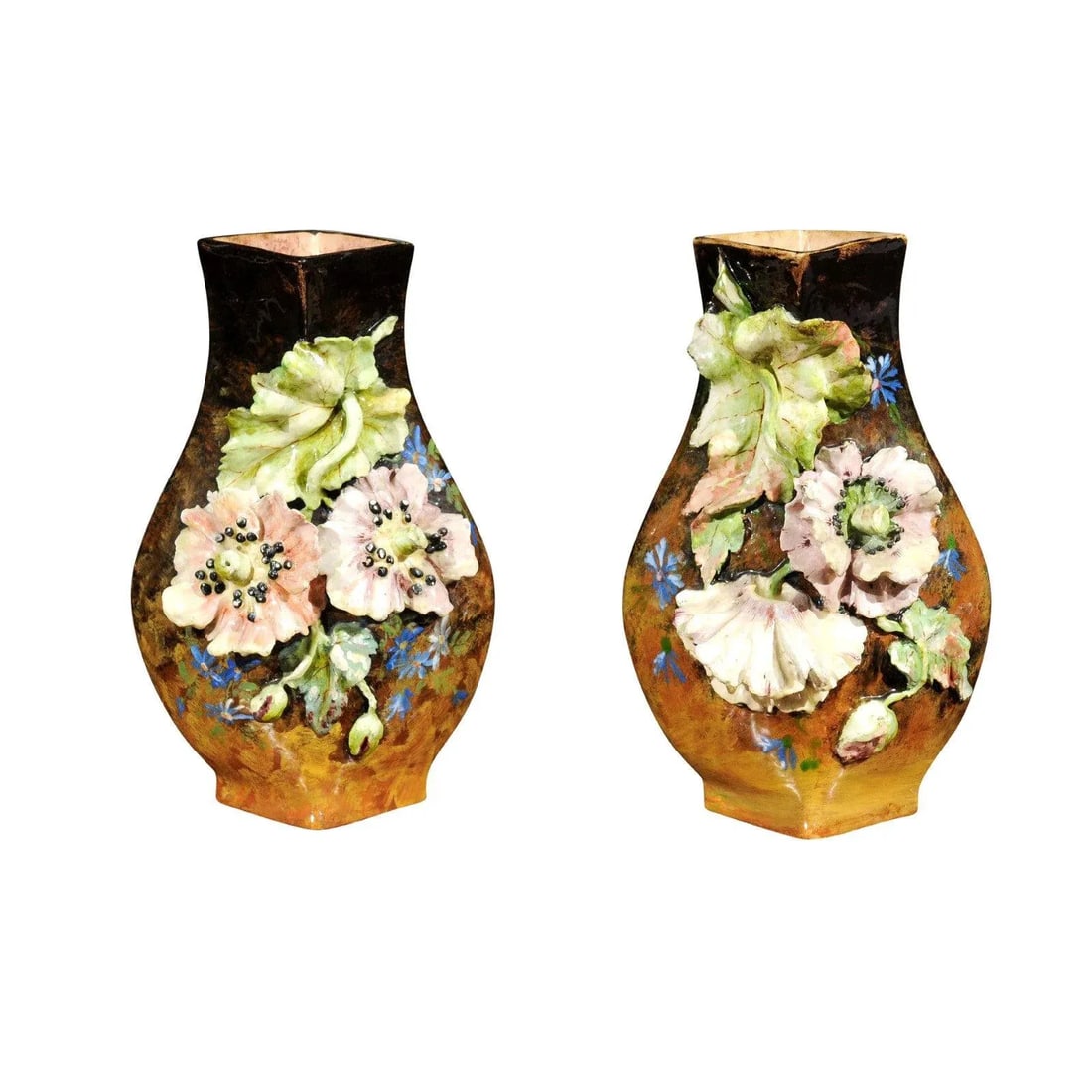 19th Century French Vases with Barbotine Décor of Flowers and Leaves - A Pair - 12