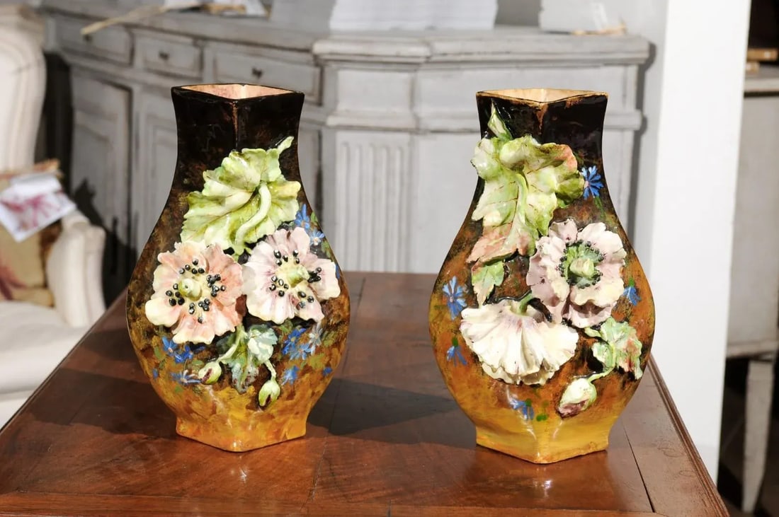 19th Century French Vases with Barbotine Décor of Flowers and Leaves - A Pair - 2