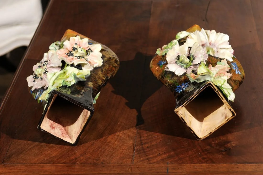 19th Century French Vases with Barbotine Décor of Flowers and Leaves - A Pair - 3