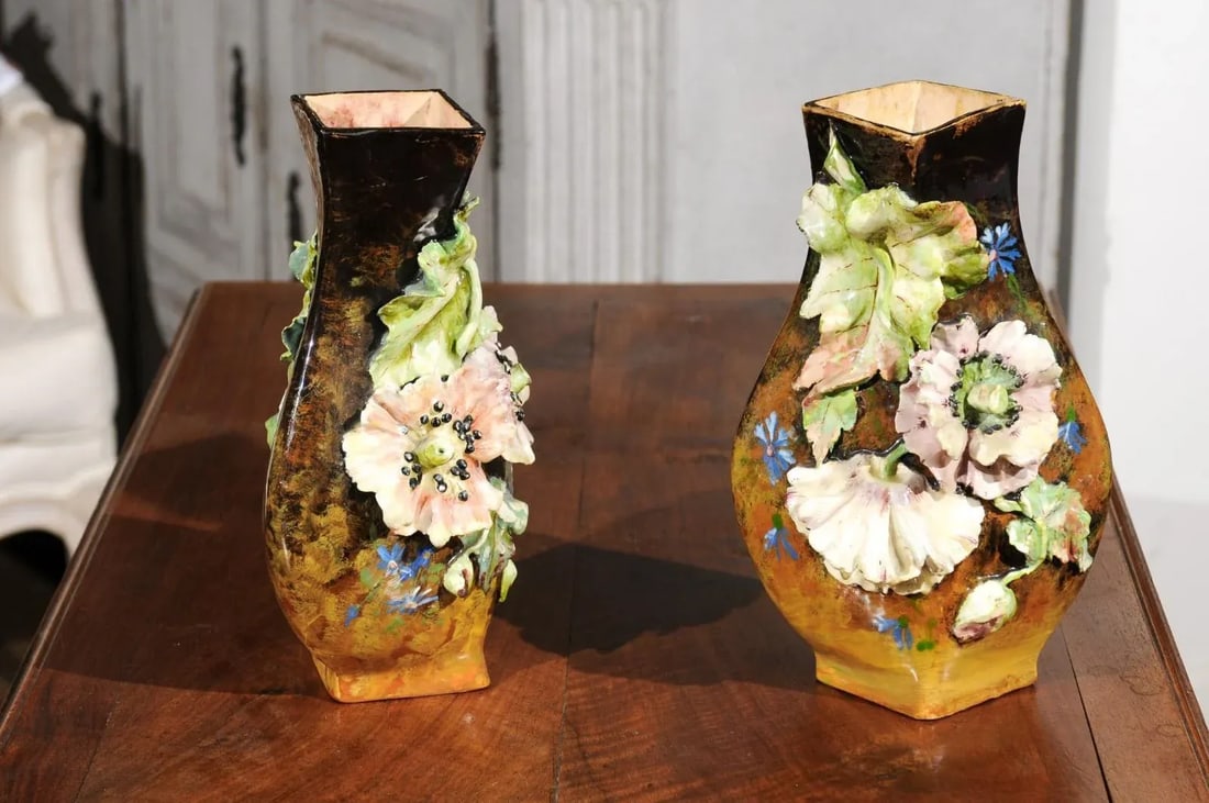 19th Century French Vases with Barbotine Décor of Flowers and Leaves - A Pair - 5