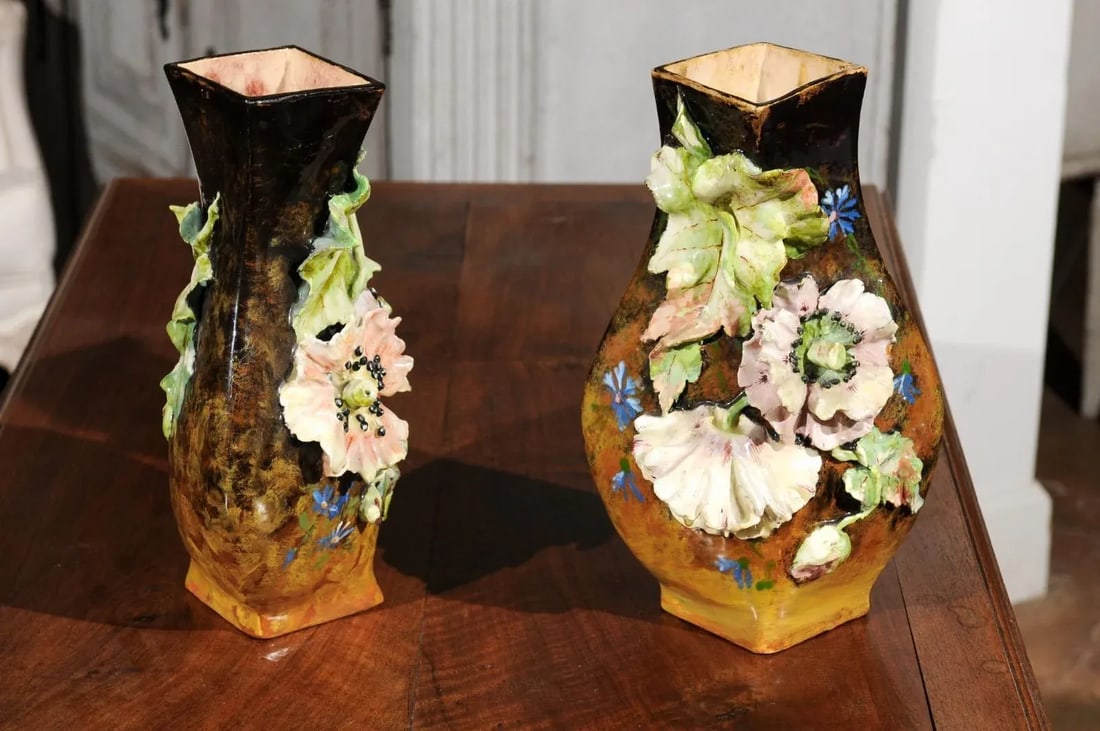 19th Century French Vases with Barbotine Décor of Flowers and Leaves - A Pair - 6