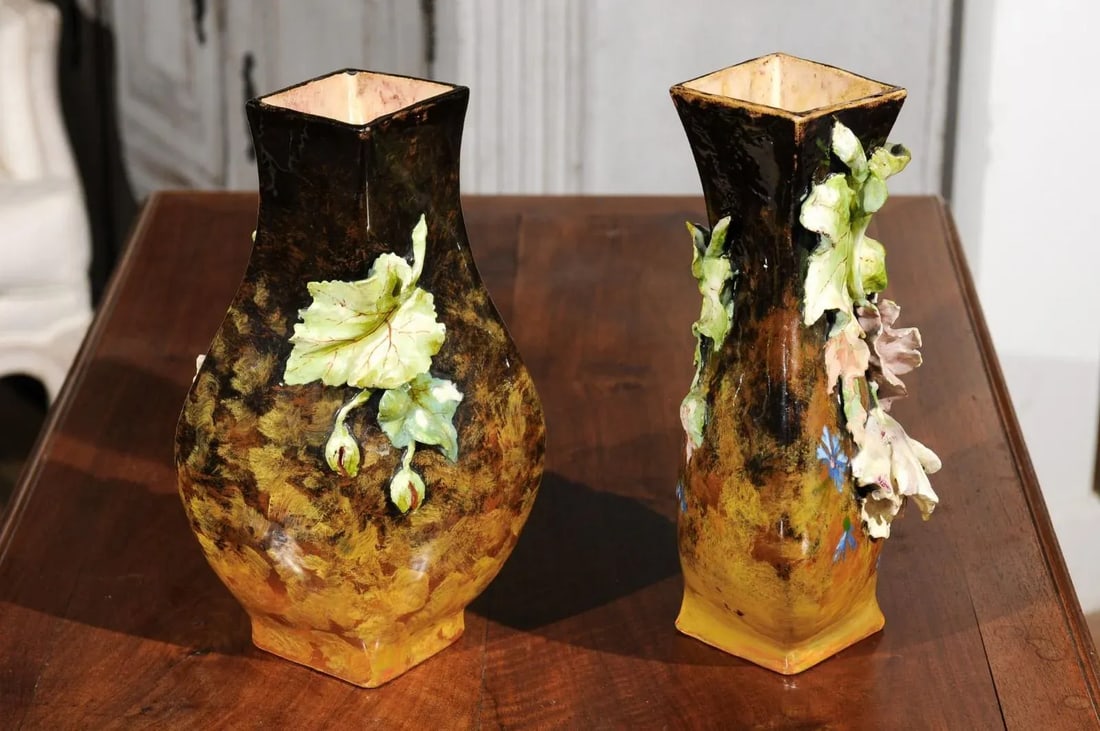 19th Century French Vases with Barbotine Décor of Flowers and Leaves - A Pair - 7