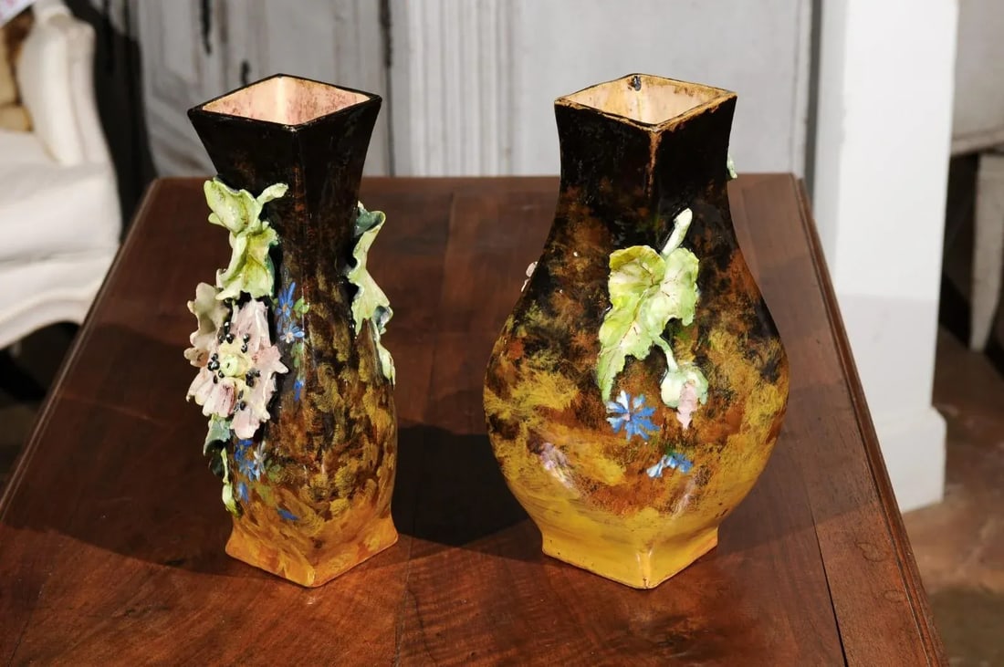 19th Century French Vases with Barbotine Décor of Flowers and Leaves - A Pair - 8