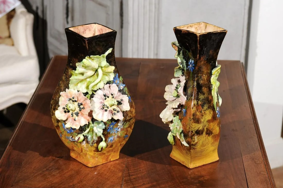 19th Century French Vases with Barbotine Décor of Flowers and Leaves - A Pair - 9