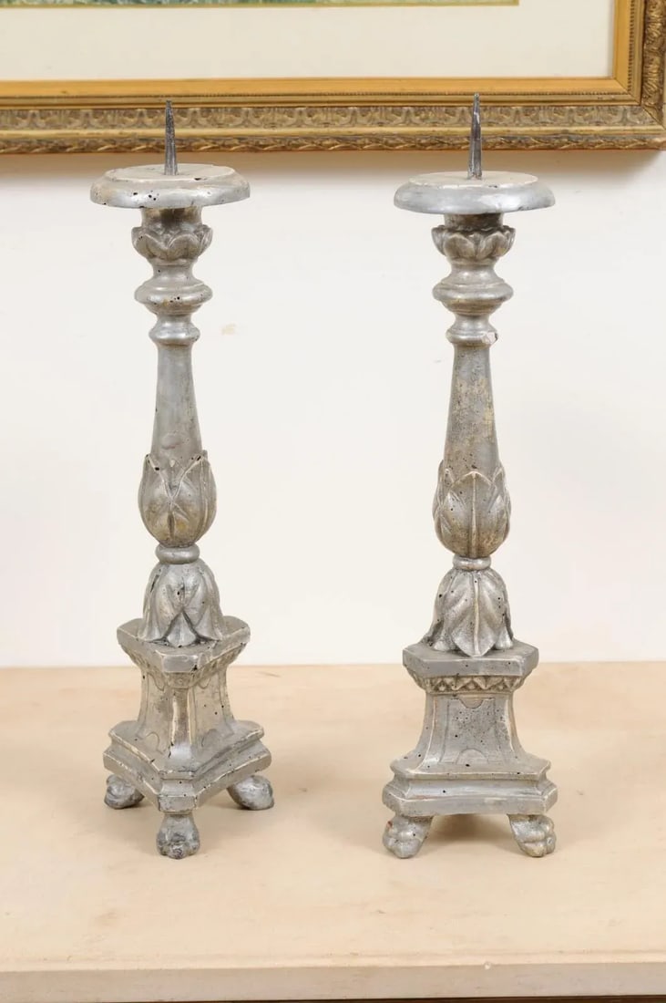1850s Italian Silver Gilt Candlesticks with Carved Waterleaves - a Pair - 10