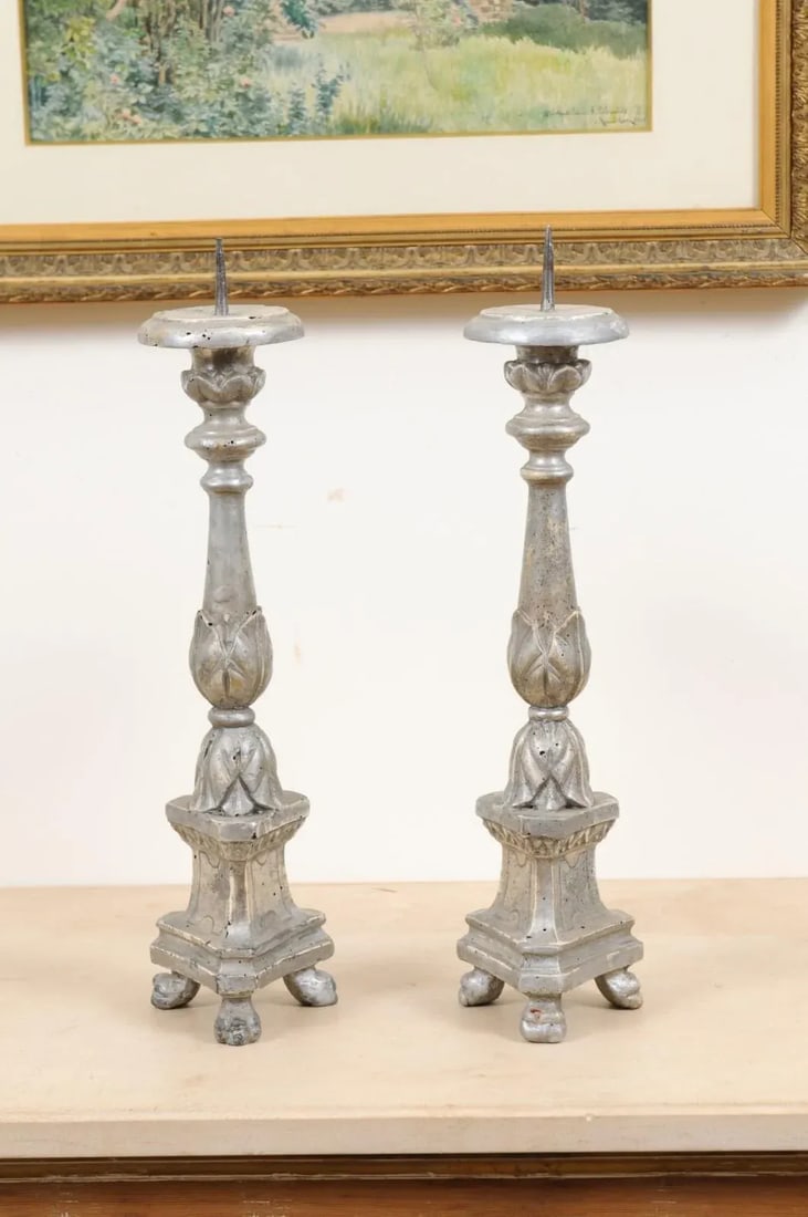 1850s Italian Silver Gilt Candlesticks with Carved Waterleaves - a Pair - 11
