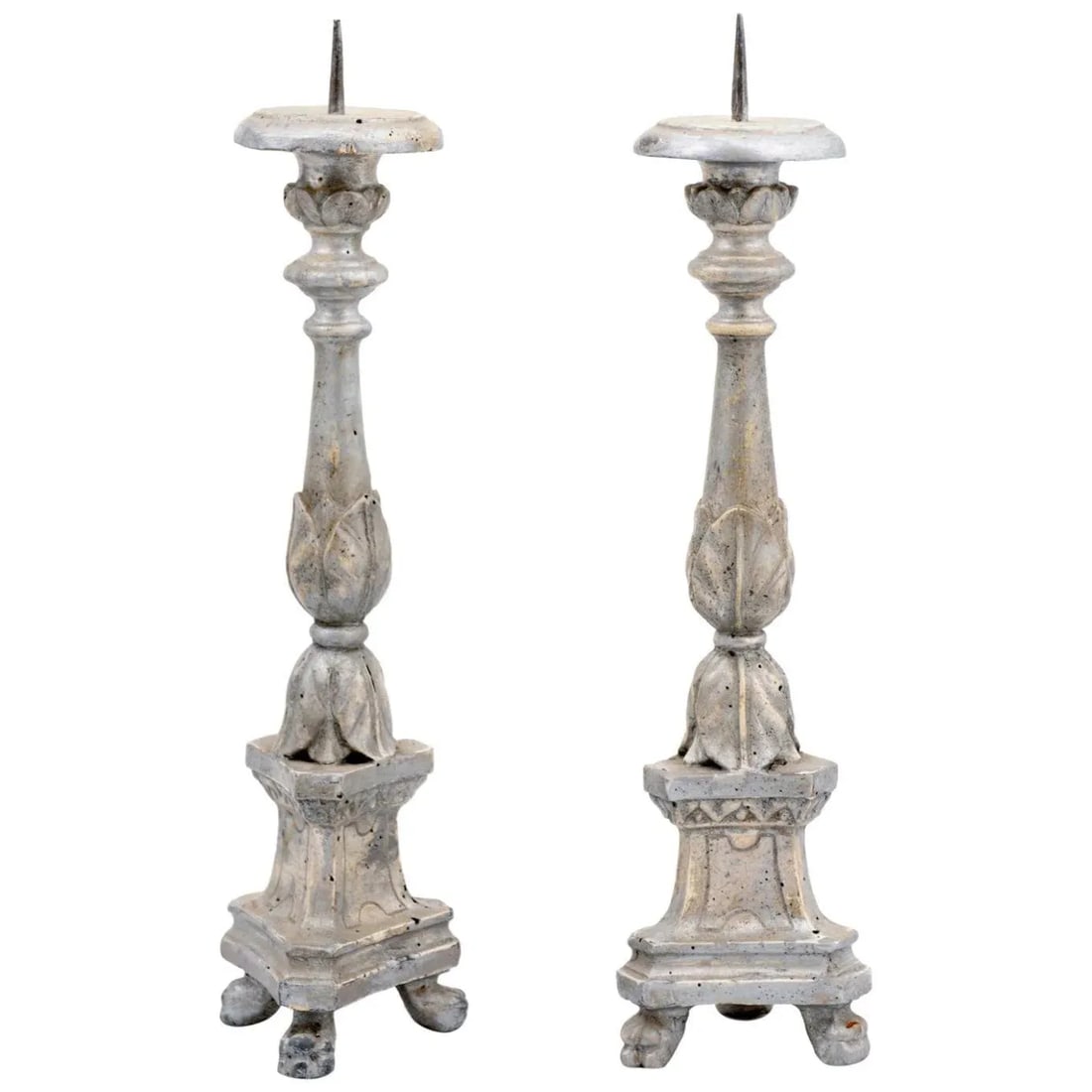 1850s Italian Silver Gilt Candlesticks with Carved Waterleaves - a Pair - 12