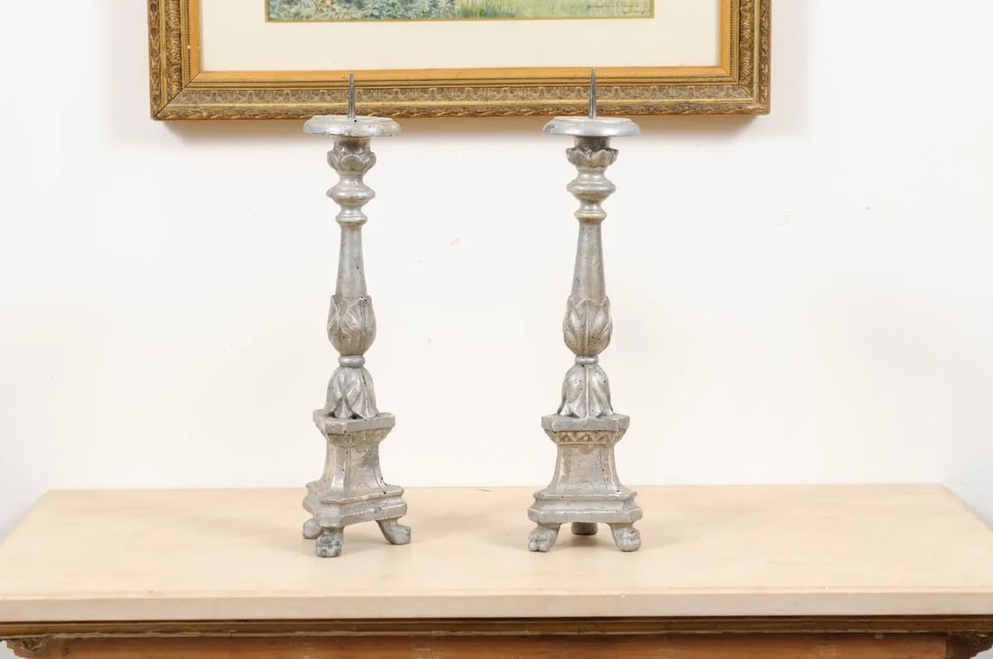 1850s Italian Silver Gilt Candlesticks with Carved Waterleaves - a Pair - 2