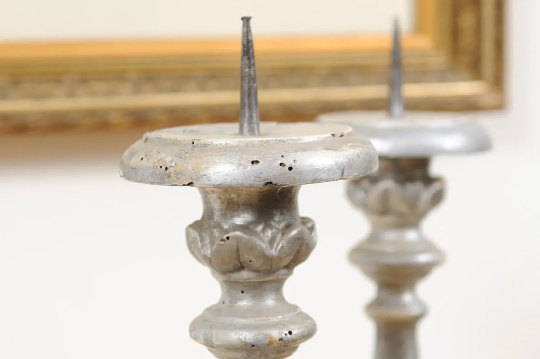1850s Italian Silver Gilt Candlesticks with Carved Waterleaves - a Pair - 3