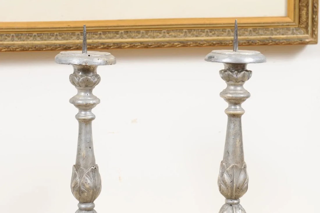 1850s Italian Silver Gilt Candlesticks with Carved Waterleaves - a Pair - 5