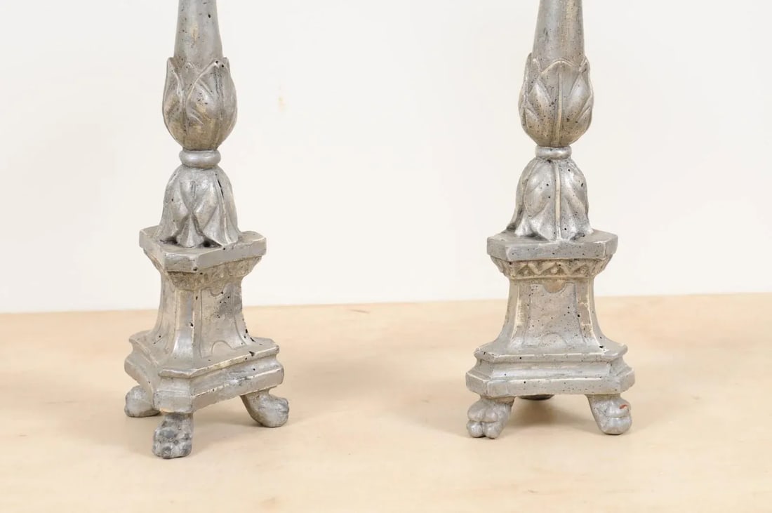 1850s Italian Silver Gilt Candlesticks with Carved Waterleaves - a Pair - 6