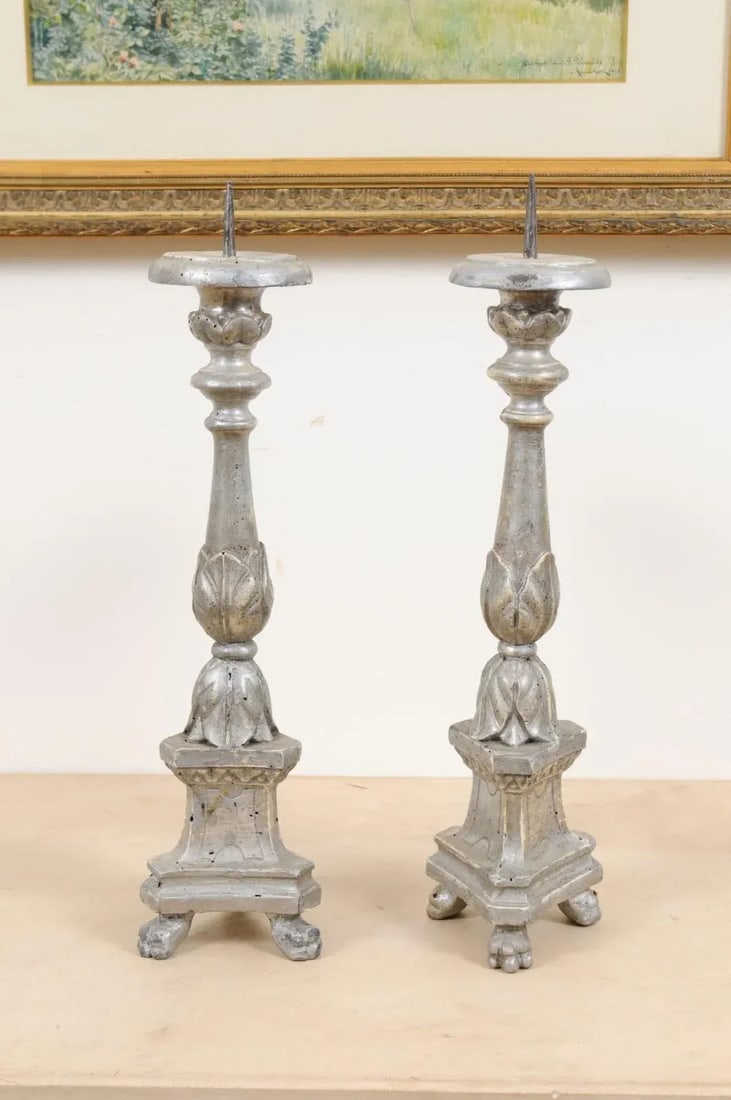1850s Italian Silver Gilt Candlesticks with Carved Waterleaves - a Pair - 8