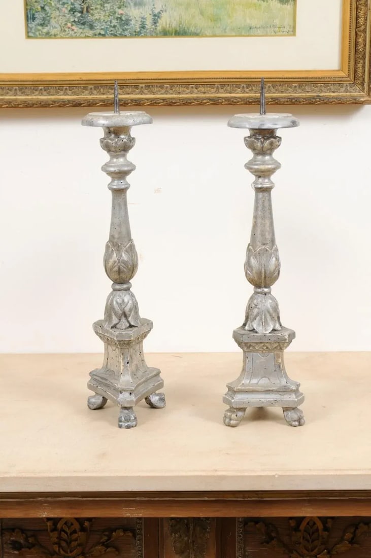 1850s Italian Silver Gilt Candlesticks with Carved Waterleaves - a Pair - 9
