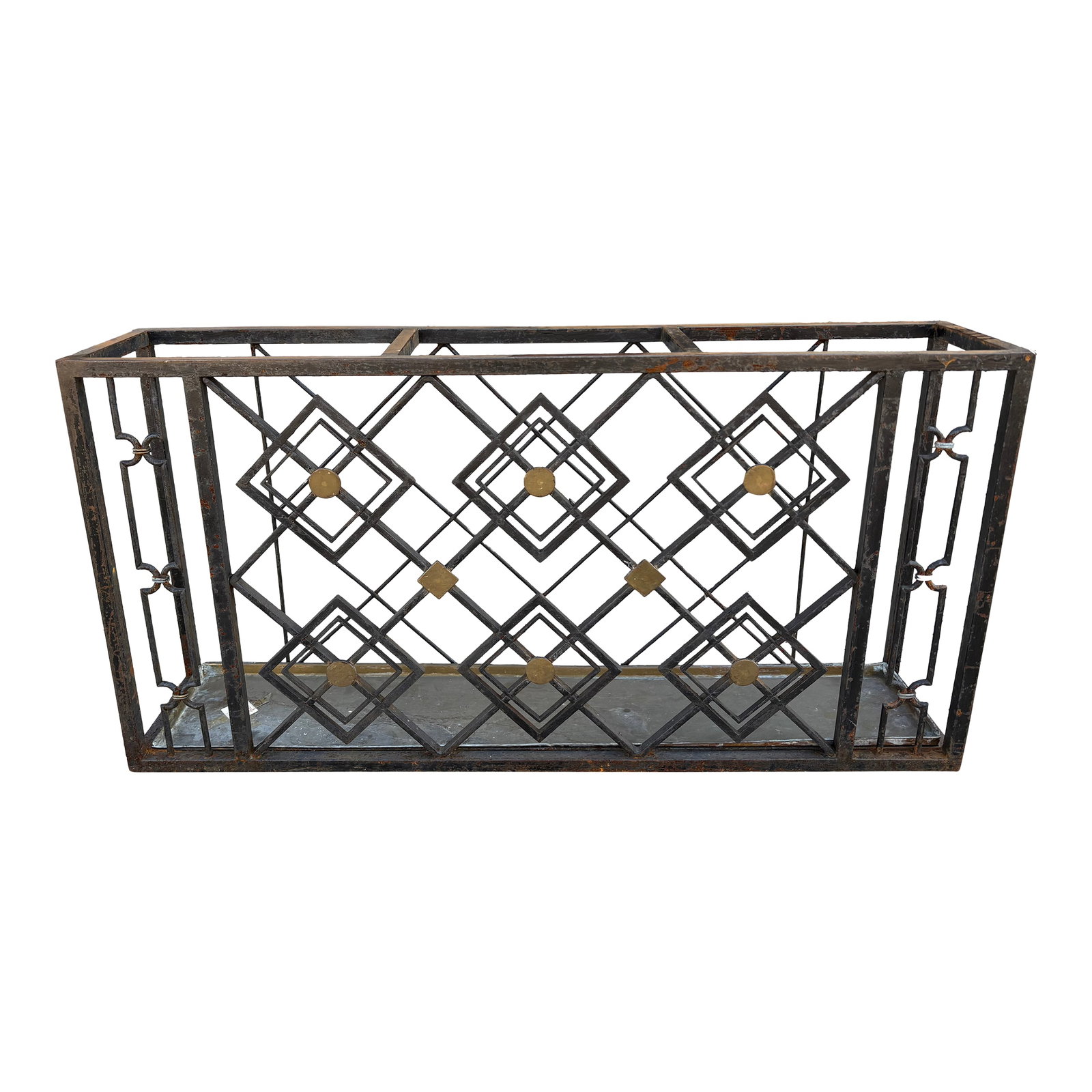 1930s French Art Deco Wrought Iron Umbrella Stand: French Art Deco Wrought Iron Umbrella Stand. Offered is a large geometric French Art Deco hand forged wrought iron umbrella stand trimmed in bronze. This handsome Art Deco umbrella stand is large in s