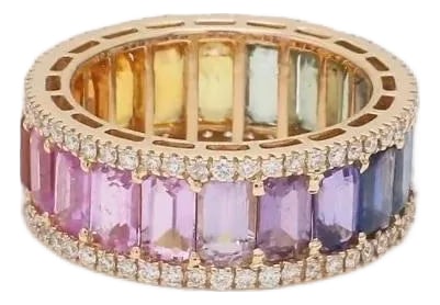 Natural 6.29 cts rainbow sapphire & 0.62 cts diamond ring in 14k gold: Natural Rainbow Sapphire & Diamond Eternity Band Octagon cut STONE DETAILS : âœ¦ Stone: Rainbow Sapphire âœ¦ Stone Type : Natural âœ¦Ring Width : 7.7 mm