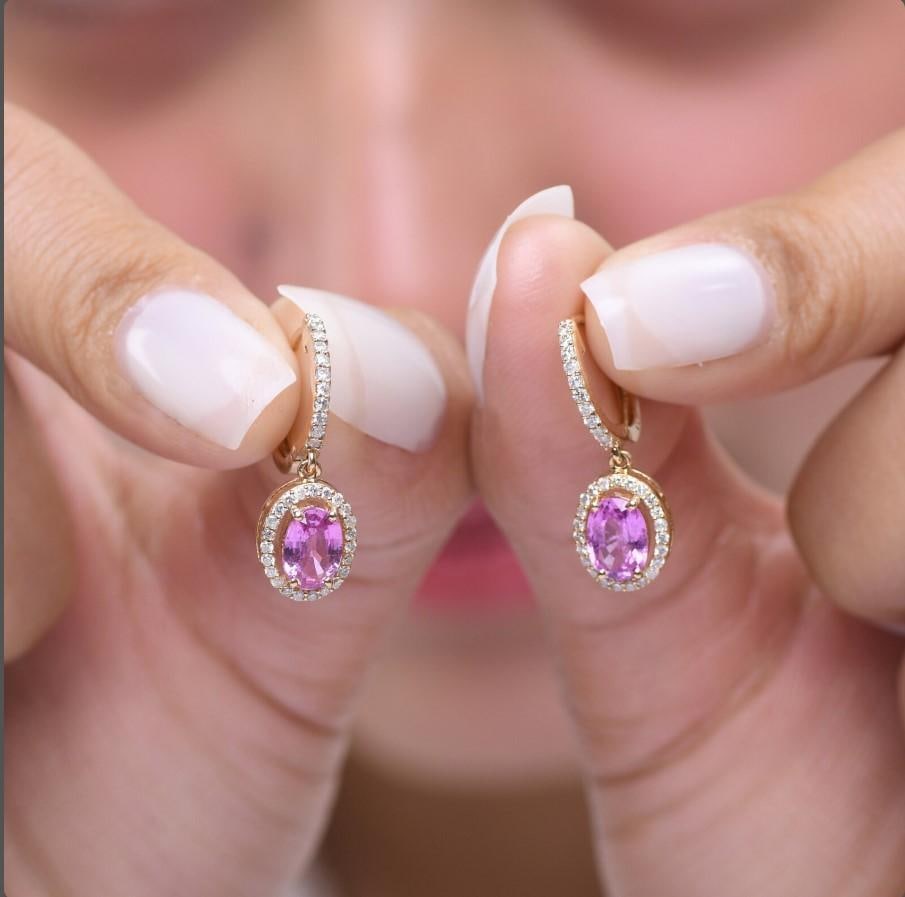 1.88 cts Natural pink sapphire and 0.44 cts diamond earrings in 18k gold - 13