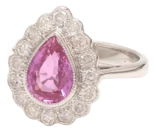 Natural 1.80 cts pink sapphire & 0.65 cts diamond ring in 18k gold: Pink sapphire pear cut diamond ring gold Natural pink sapphire pear diamond vintage ring gold Pink sapphire pear diamond filigree ring STONE DETAILS : âœ¦ Gemstone :Pink Sapphire