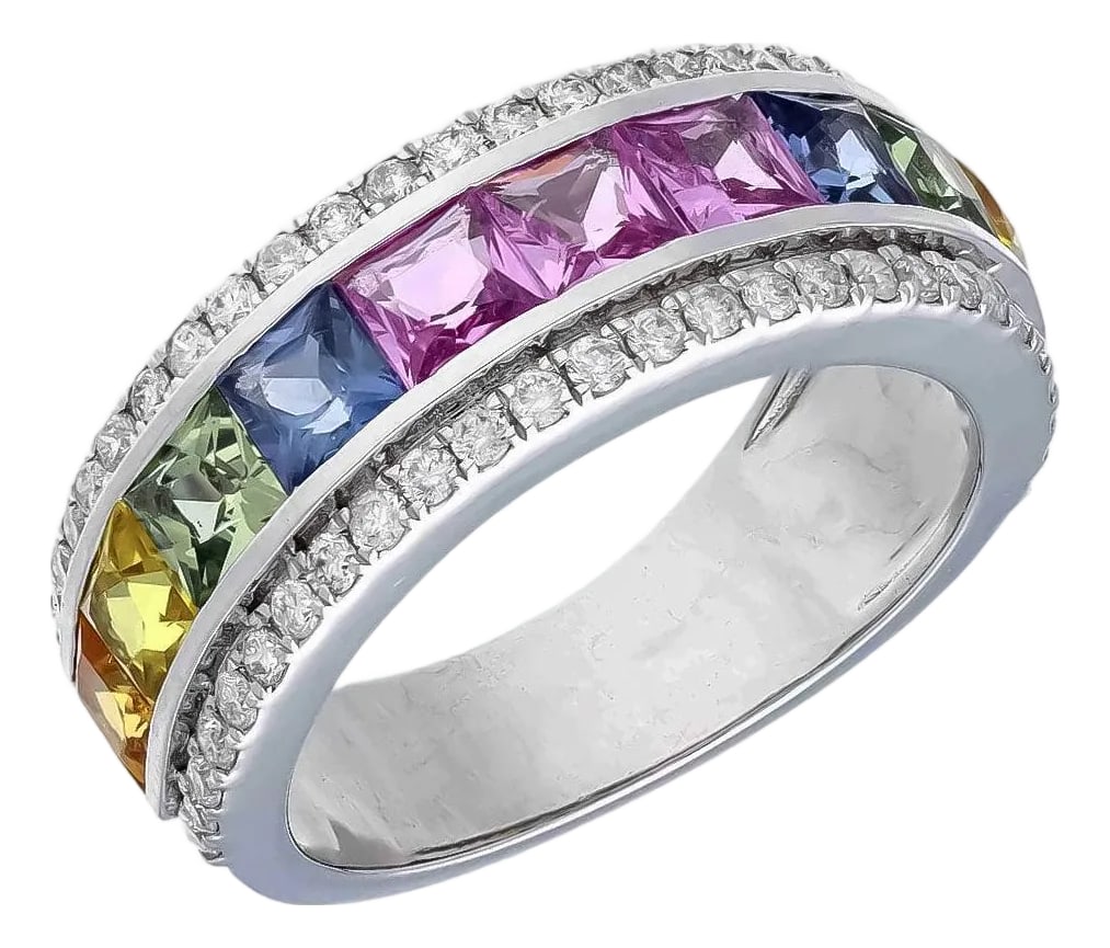 Natural Multi sapphire ring with natural diamonds in 18k gold: Diamonds : 0.50 carats Multi sapphire : 2.48 carats Gold : 6.57 gms Condition: Imperfections: No Imperfections Condition Notes: New Origin: India Materials & Techniques: Diamond, Sapphire