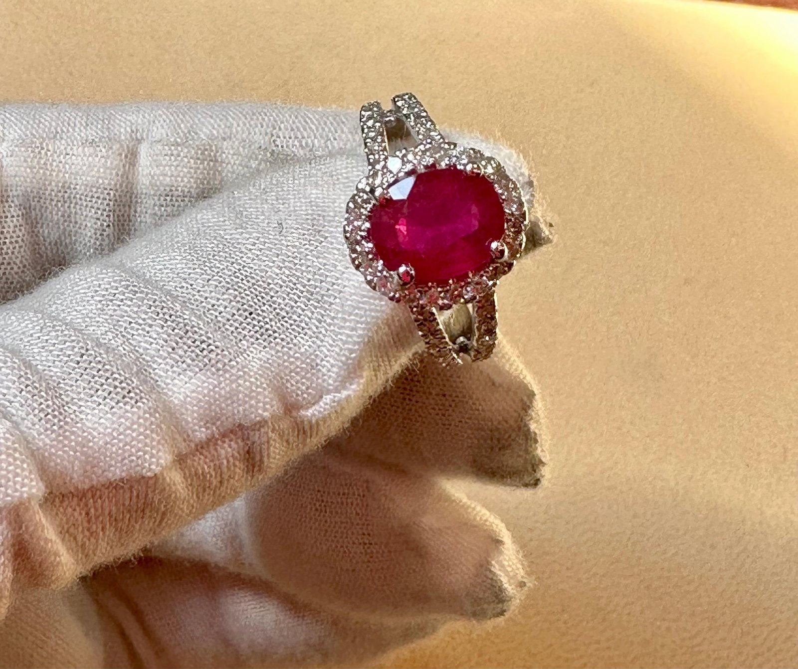 2.5 Carat Oval Treated Ruby & 2 ct Diamond Ring 14 Karat White Gold Size 7 - 12