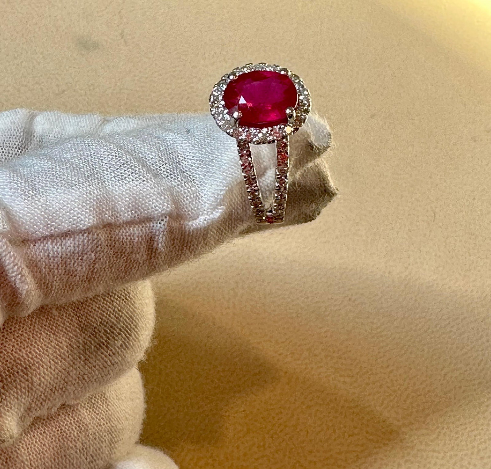 2.5 Carat Oval Treated Ruby & 2 ct Diamond Ring 14 Karat White Gold Size 7 - 2