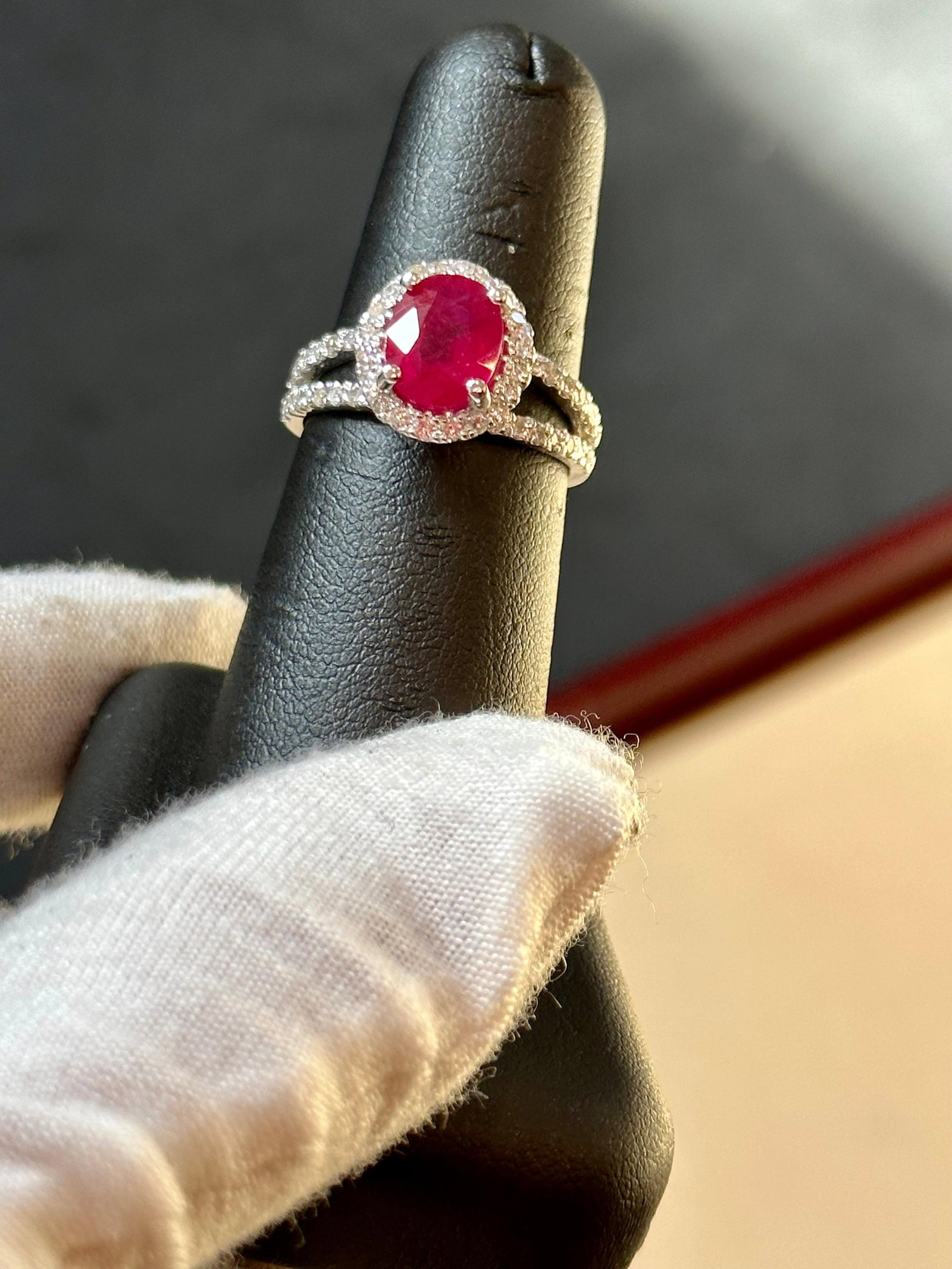 2.5 Carat Oval Treated Ruby & 2 ct Diamond Ring 14 Karat White Gold Size 7 - 3