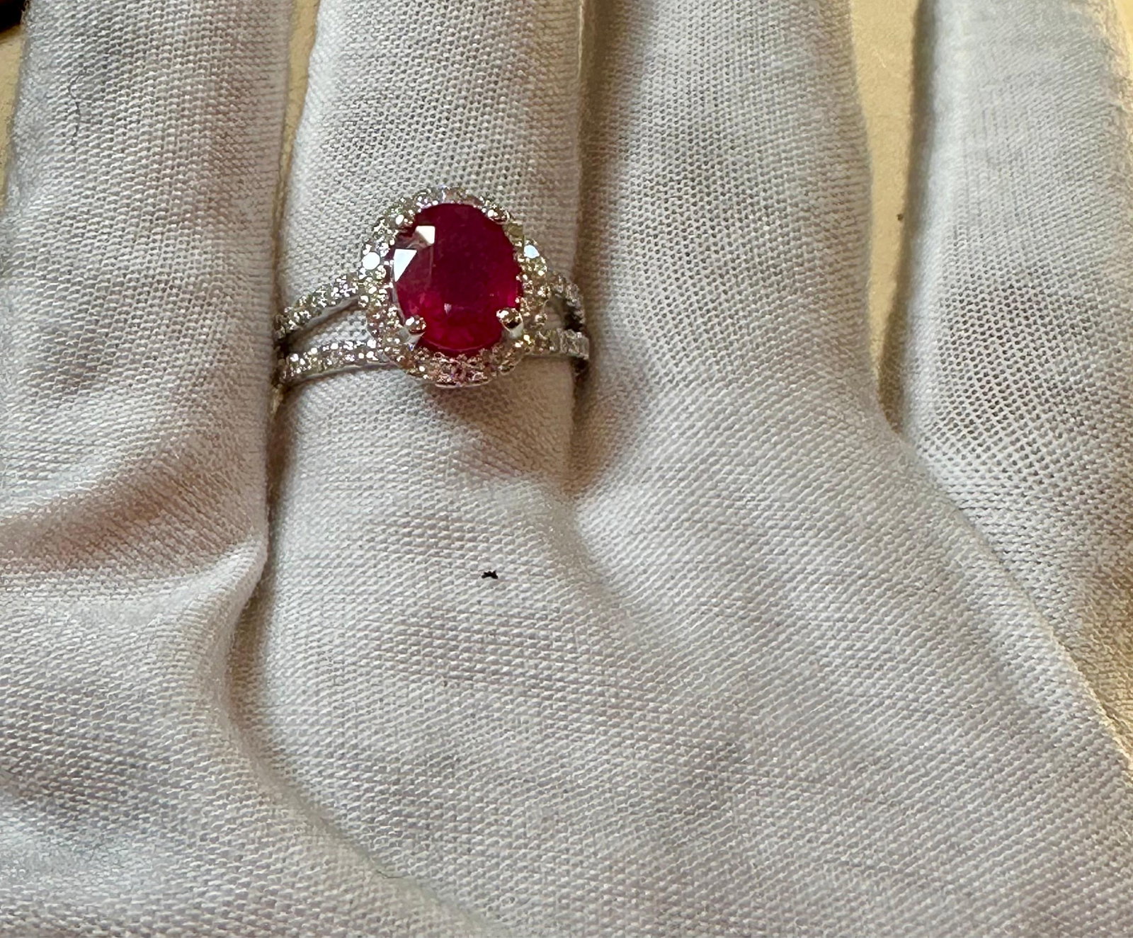 2.5 Carat Oval Treated Ruby & 2 ct Diamond Ring 14 Karat White Gold Size 7 - 6