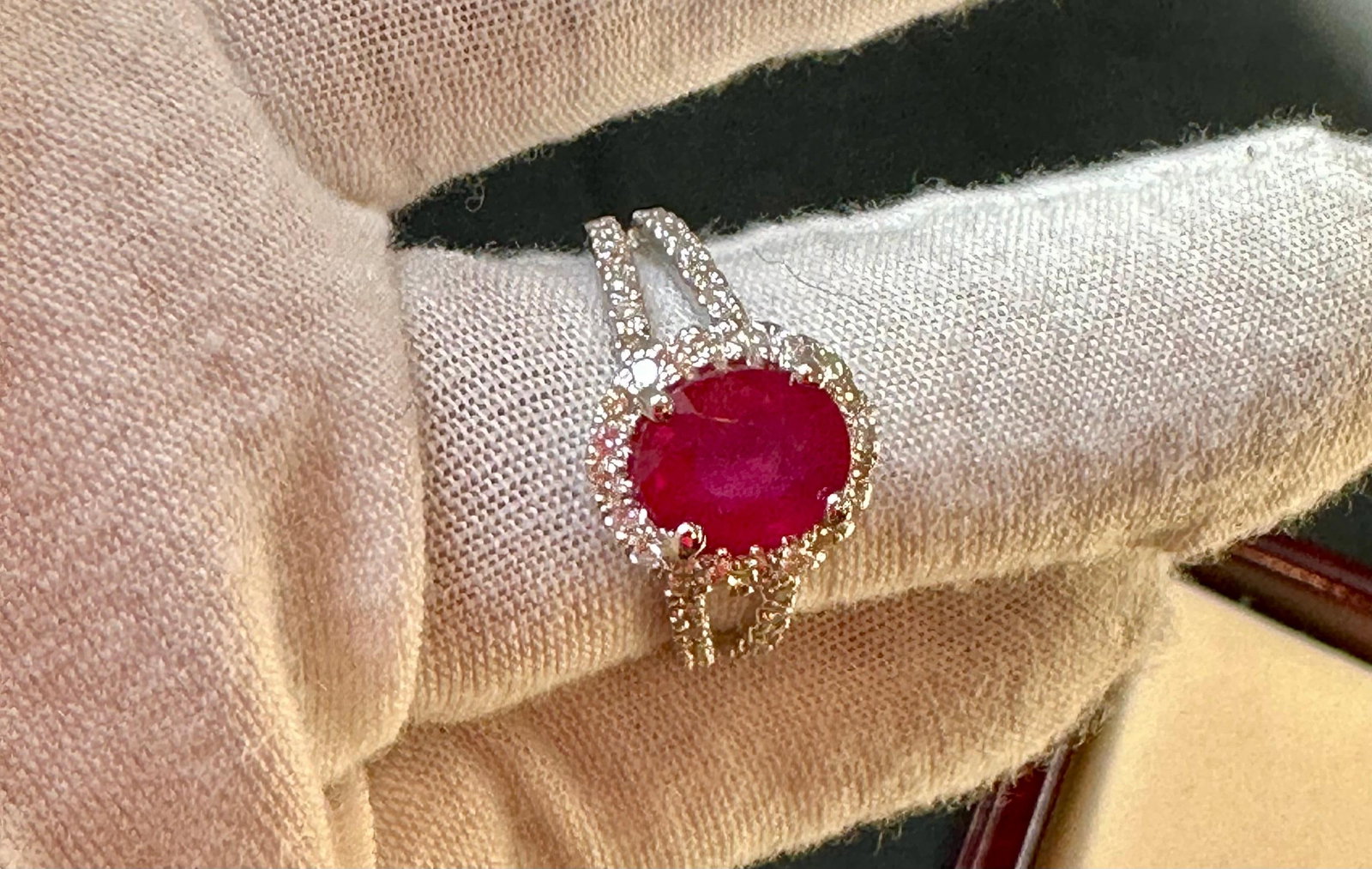 2.5 Carat Oval Treated Ruby & 2 ct Diamond Ring 14 Karat White Gold Size 7 - 7