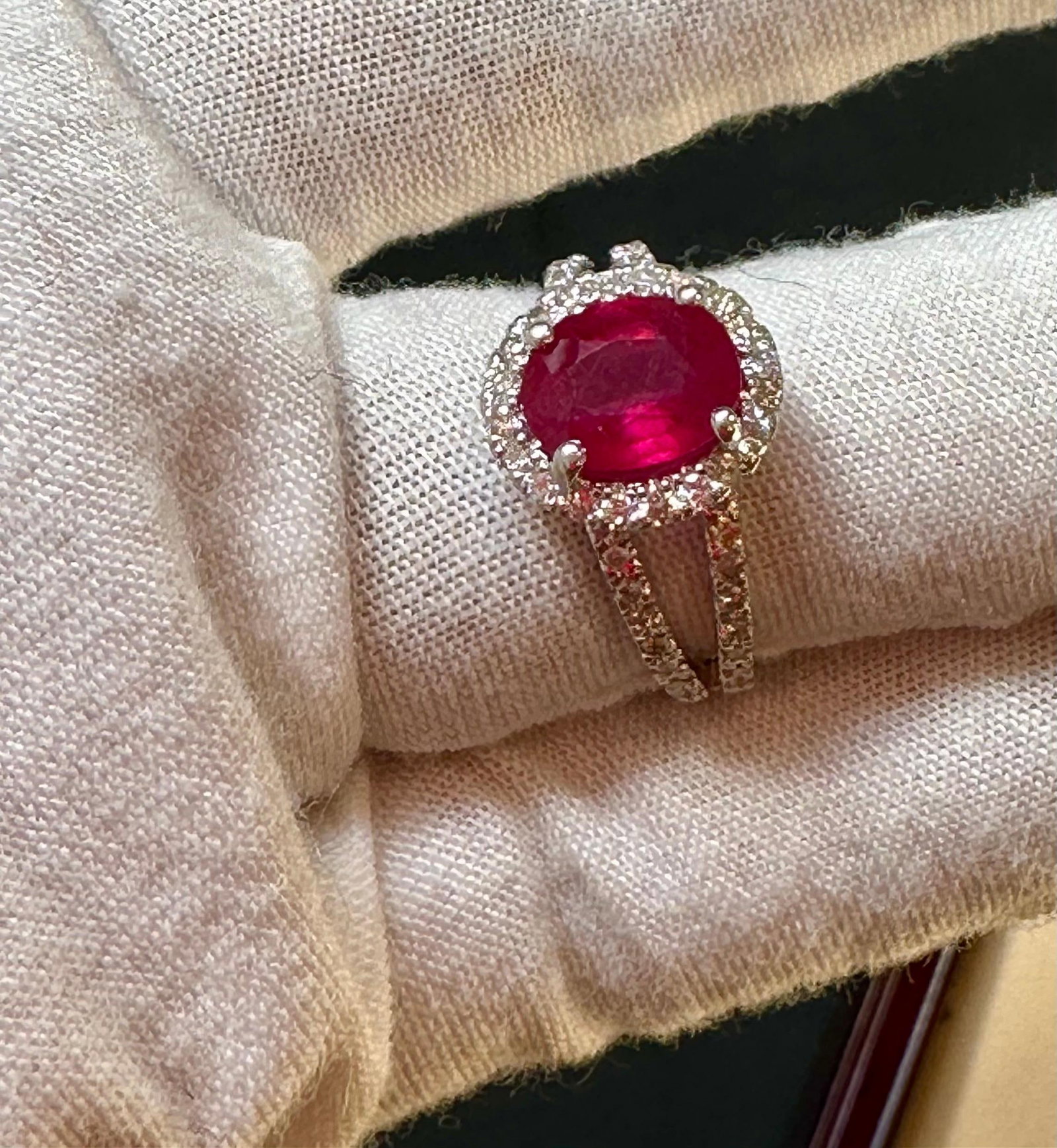 2.5 Carat Oval Treated Ruby & 2 ct Diamond Ring 14 Karat White Gold Size 7 - 8