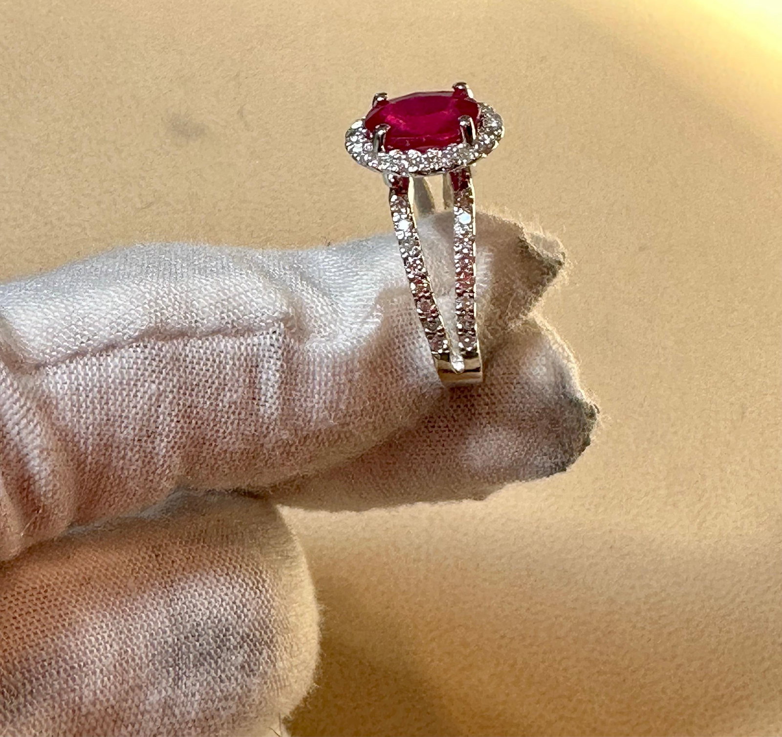 2.5 Carat Oval Treated Ruby & 2 ct Diamond Ring 14 Karat White Gold Size 7.25 - 11