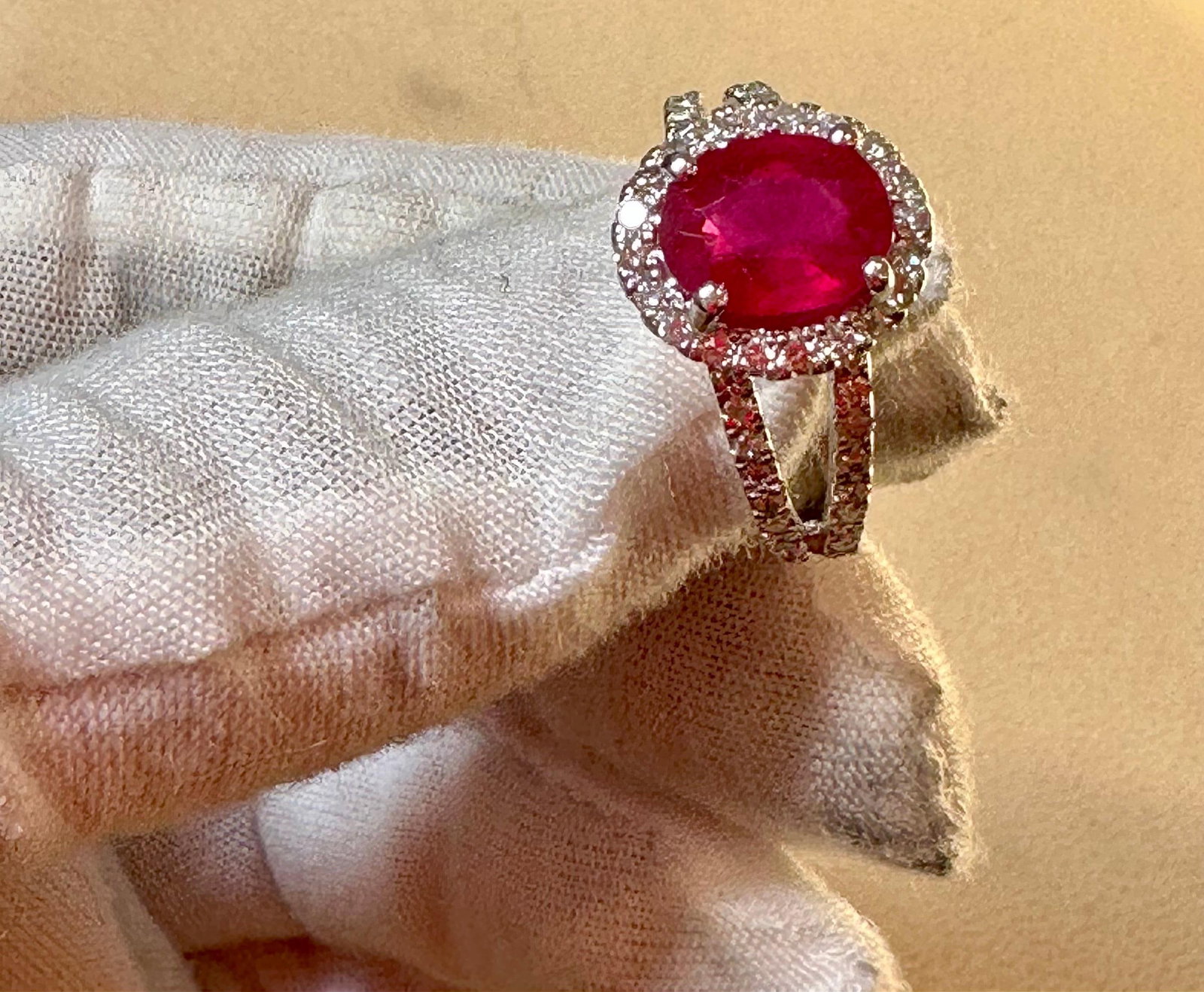 2.5 Carat Oval Treated Ruby & 2 ct Diamond Ring 14 Karat White Gold Size 7.25 - 13