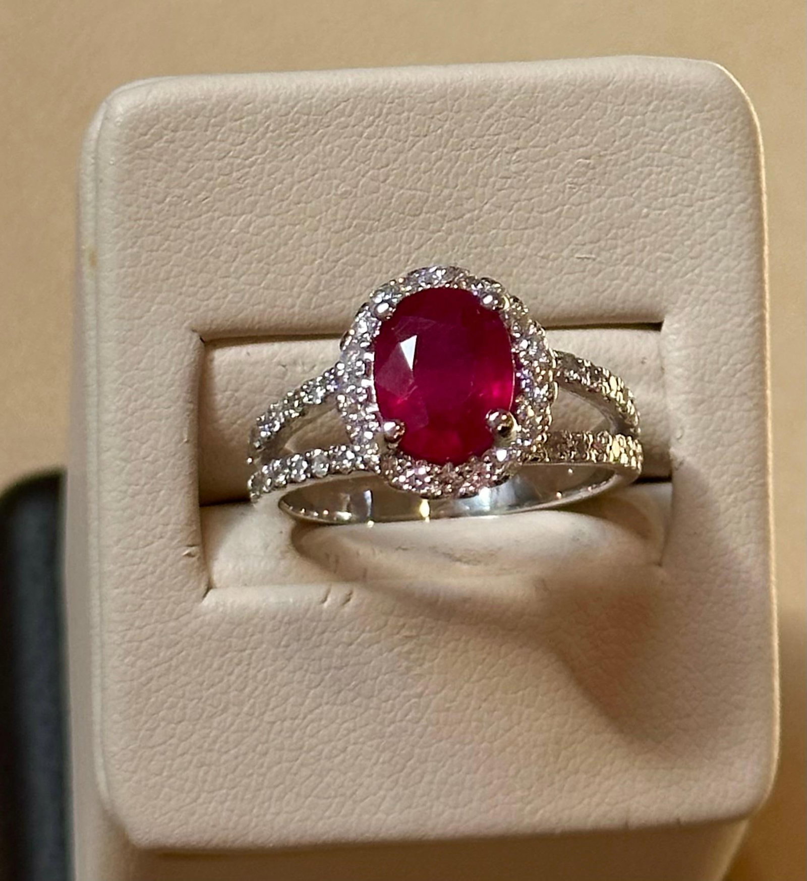 2.5 Carat Oval Treated Ruby & 2 ct Diamond Ring 14 Karat White Gold Size 7.25 - 17