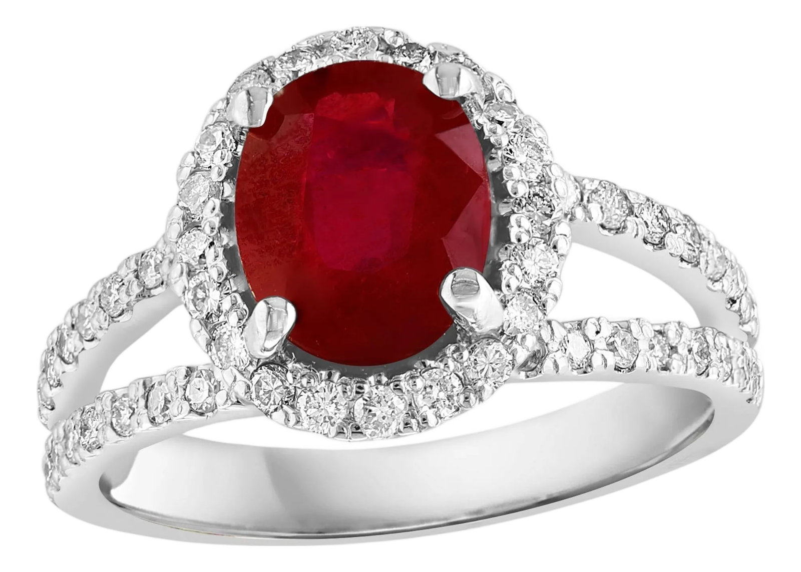 2.5 Carat Oval Treated Ruby & 2 ct Diamond Ring 14 Karat White Gold Size 7.25: Prepare to be amazed by the sheer beauty of the 2.5 Carat Oval Treated Ruby & 2 ct of Diamond Ring, a true masterpiece crafted in exquisite 14 Karat White Gold. This extraordinary ring showcases a