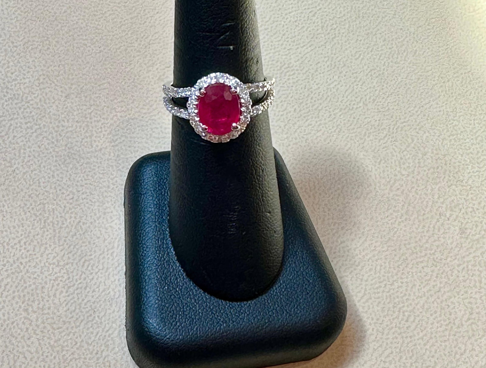 2.5 Carat Oval Treated Ruby & 2 ct Diamond Ring 14 Karat White Gold Size 7.25 - 4