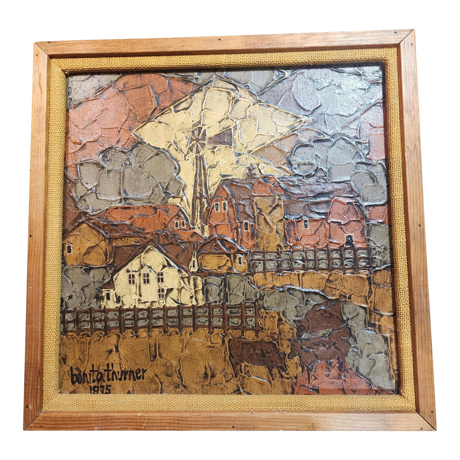 Mid Century Modern Artist Bonita Thurman Original Oil.: Bonita Thurman's style is so period perfect to the 70's. It's taking a step back in time to when things were simpler. This gorgeous oil is 14x14, unframed 13x13. Condition: Alterations: Original
