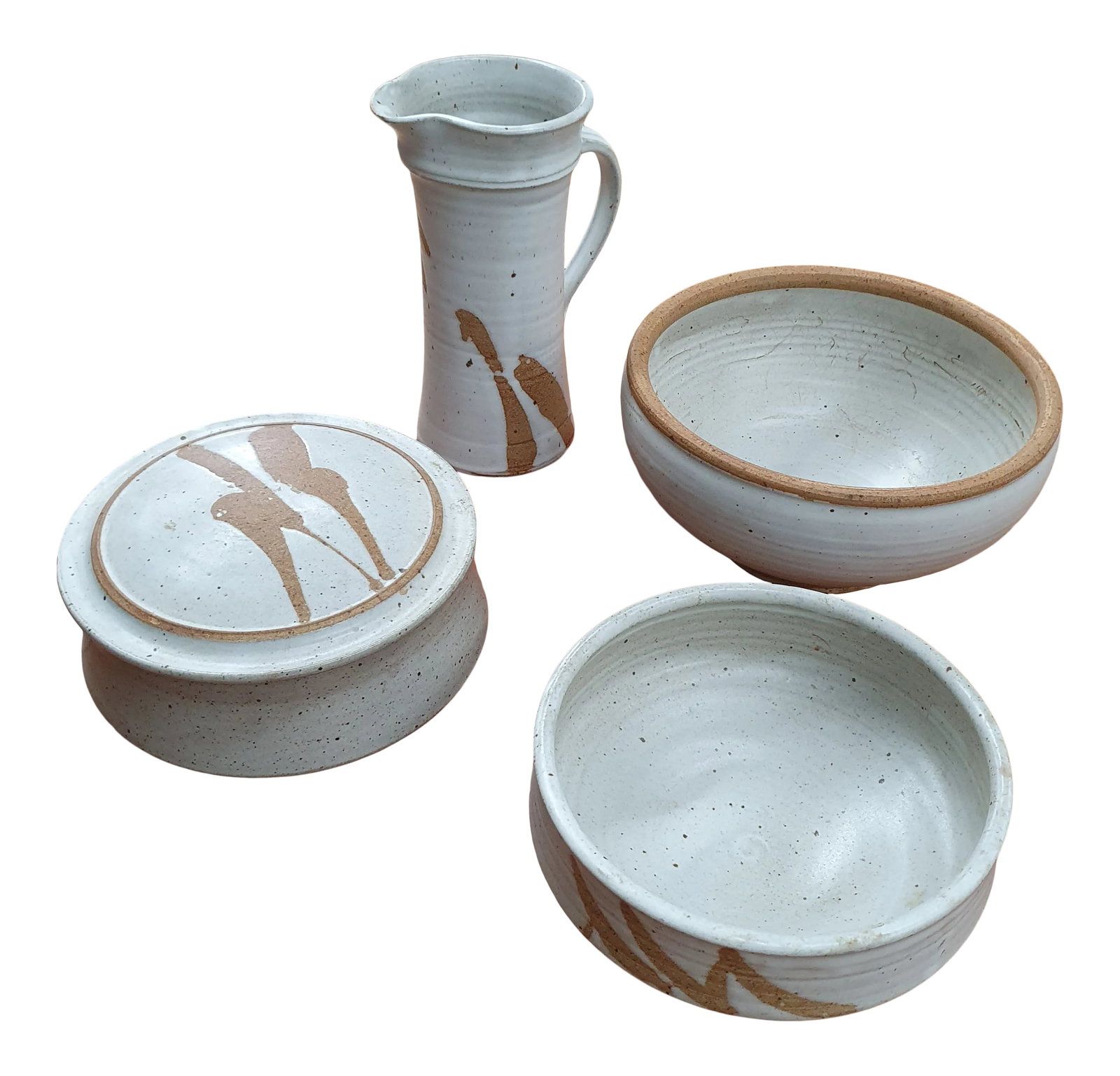 Charles Halling Studio Pottery Serving Set - 4 Pieces: Beautiful studio pottery serving set with earth tone specked glazing. Signed by stuidio potter charles Halling, who studied under Warren MacKenzie. This set features a pitcher, covered serving bowl,