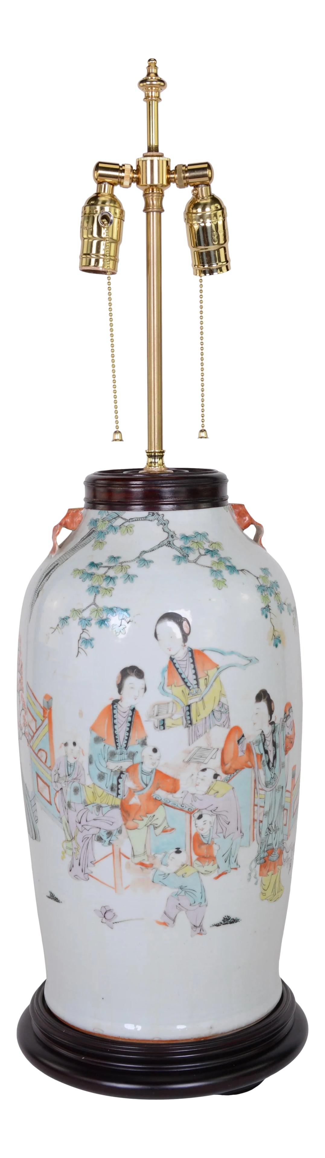 Chinese Antique Famille Rose Porcelain Vase Table Lamp: Chinese late 18th century Famille Rose porcelain vase table lamp with ladies & children playing in the garden . There is a famous poem in the back of the vase. Bring Happiness & Harmony to the room...