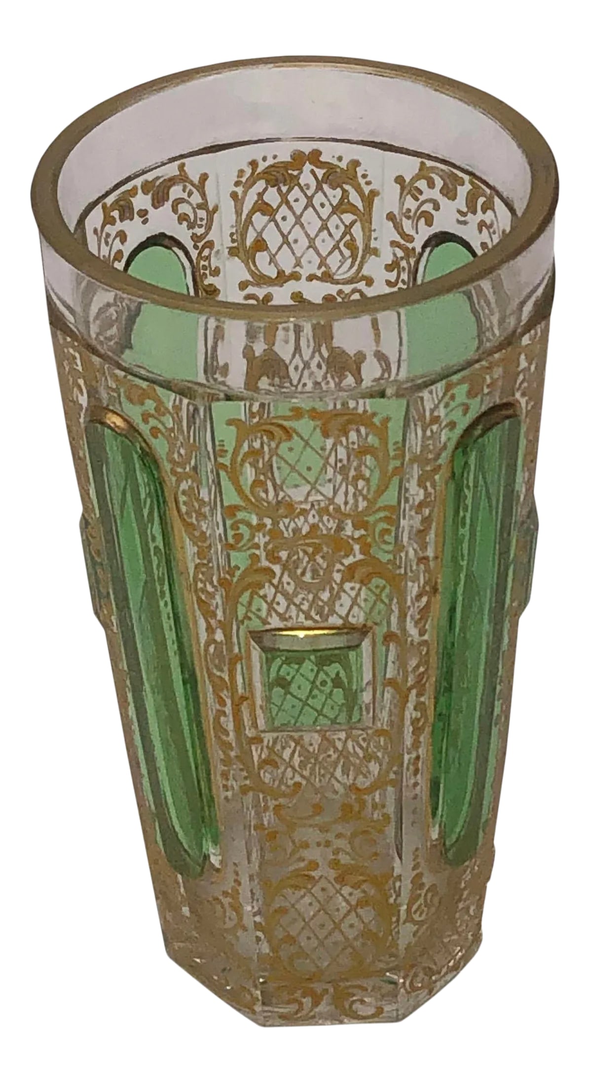 Small Moser Beaker: A 19th century Moser glass beaker with gold and green from the Czech Republic. Condition: Alterations: Original Condition Unaltered Imperfections: Some Imperfections Condition Notes: Excellent