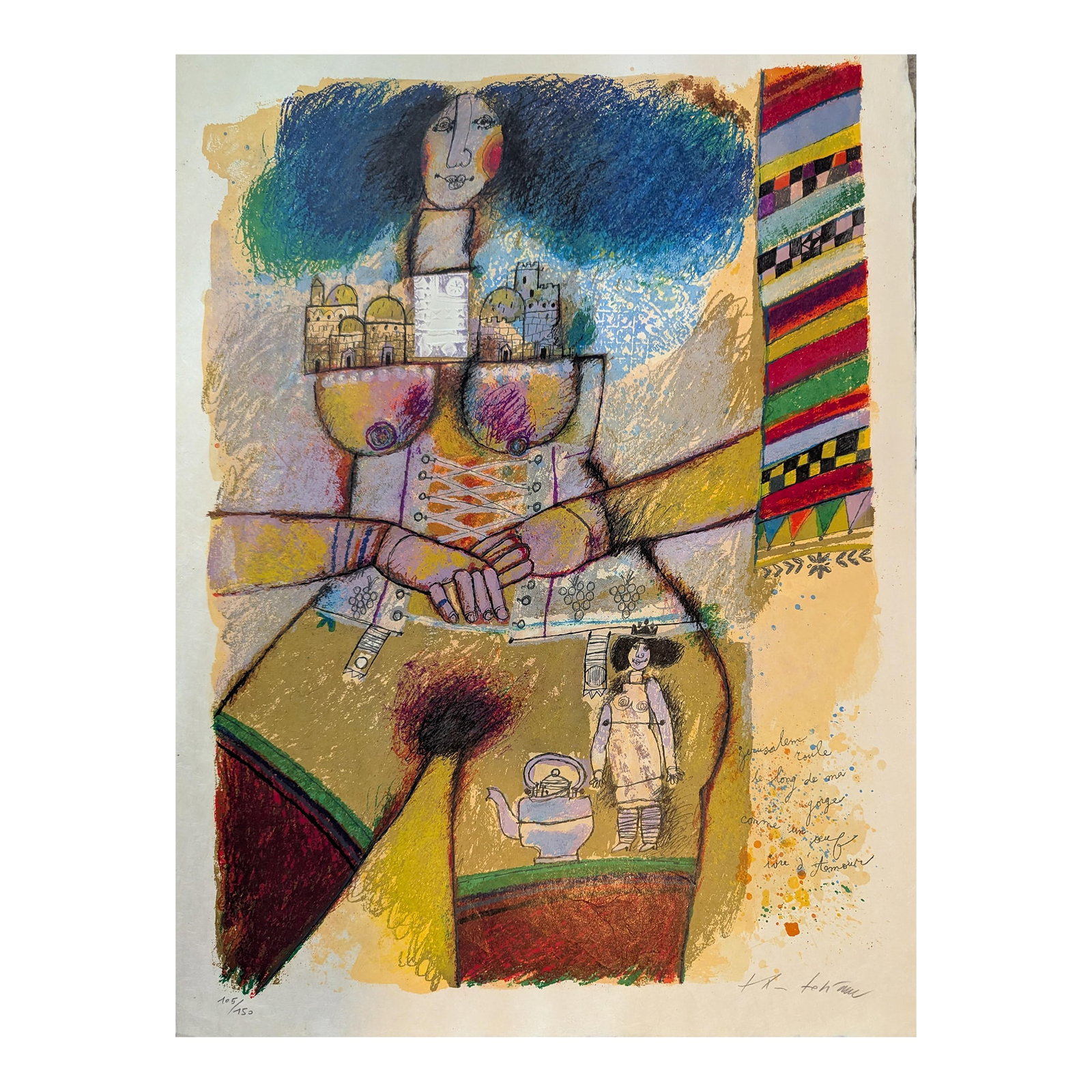 1980s Limited Edition Signed "Jerusalem Roule Le Long De Ma Gorge" by Theo Tobiasse (1927-2012): The title of this piece, "Jerusalem roule le long de ma gorge," translates to "Jerusalem Runs Along My Throat like an egg Drunk with Love" Printed On Arches paper, printed at Pierre Chave, Vence,